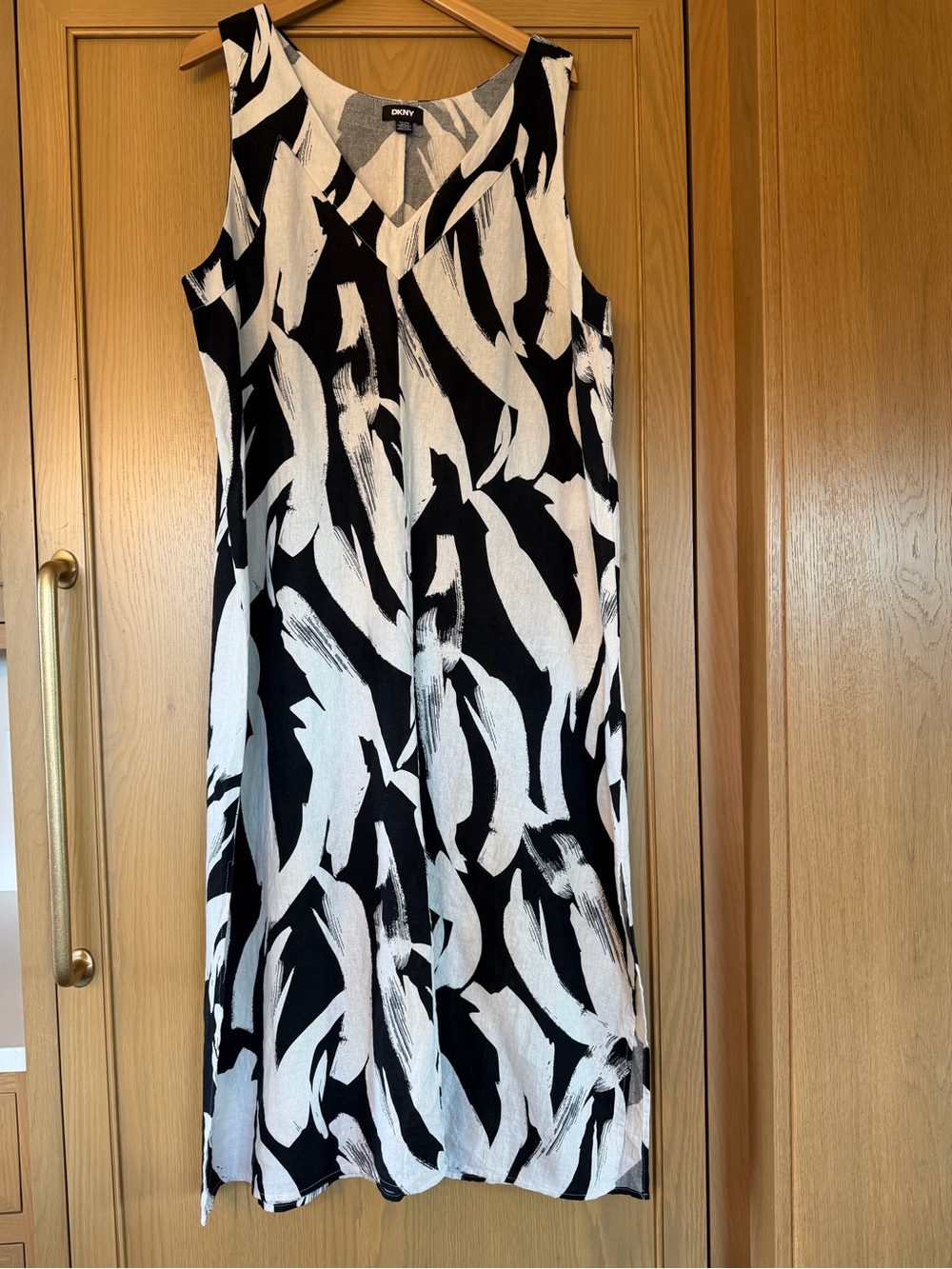 DKNY Extended Size Black and White Brushstroke Maxi Dress Linen Blend / XXL